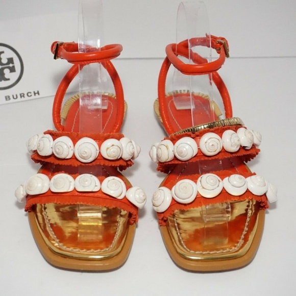 🆕TORY BURCH Ankle Wrap Flats Embellished Orange - Picture 5 of 8